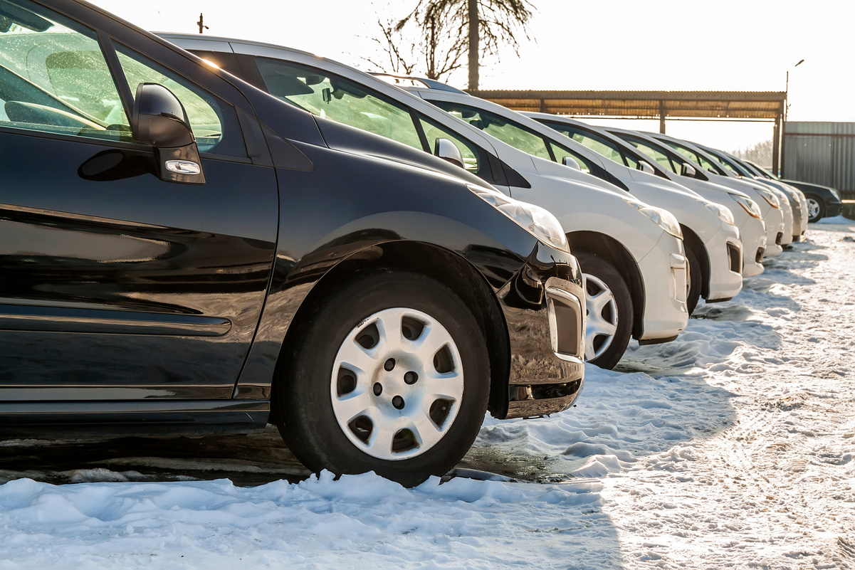 Parked Cars on a Lot. Row of New Cars on the Car Dealer Parking